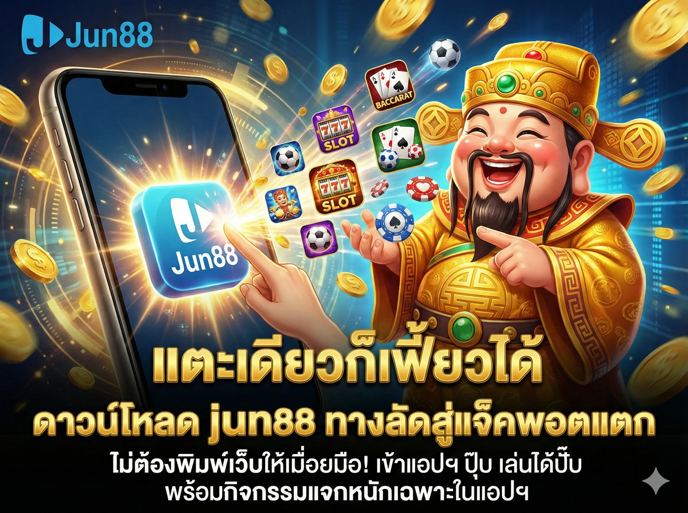 แตะปุ่มเดียวเข้าเกมได้เลย ดาวน์โหลด jun88 เพื่อรับประสบการณ์การเดิมพันที่ง่ายและรวดเร็วที่สุด