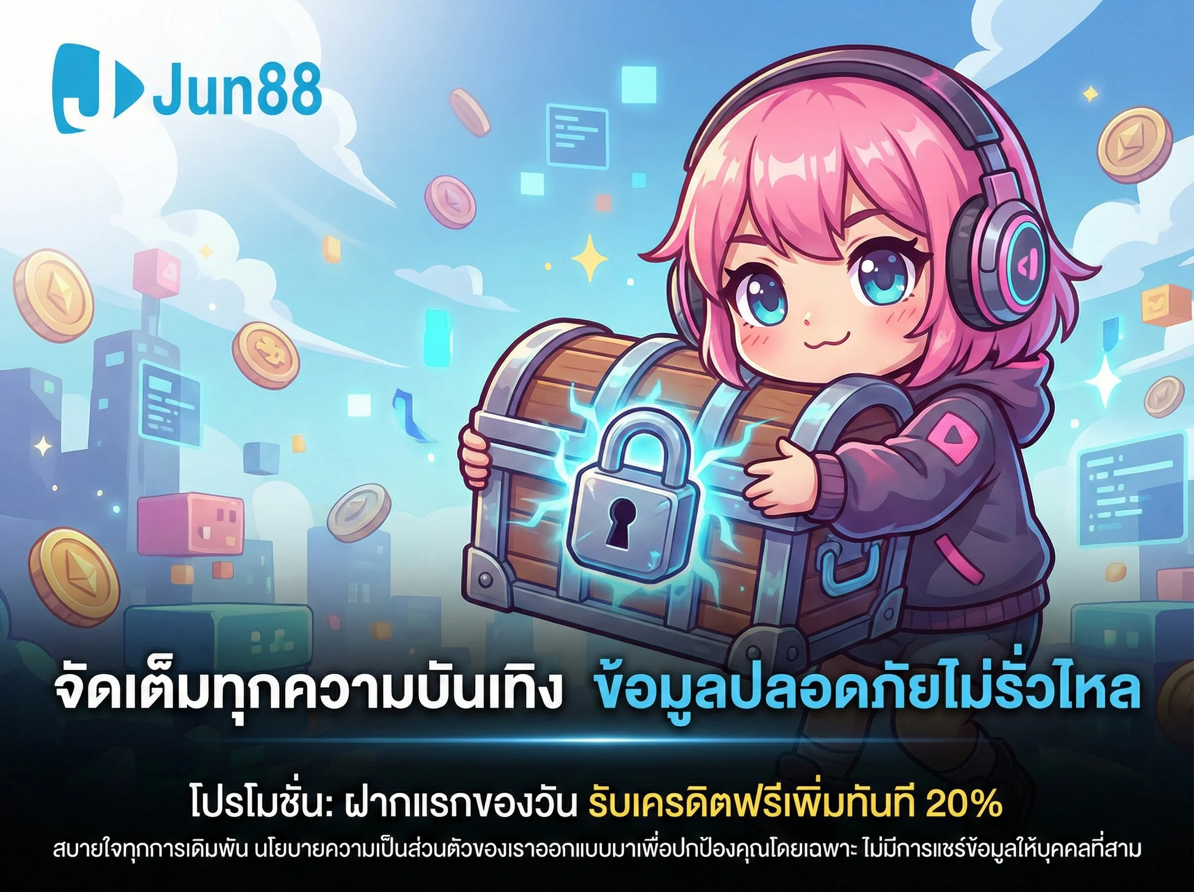 ทางเข้าเว็บตรง JUN88 ภาพเกมเมอร์สาวกอดกล่องสมบัติล็อกกุญแจ มอบโปรฝากแรกของวันรับเพิ่ม 20% พร้อมนโยบายความเป็นส่วนตัวที่รับประกันว่าไม่มีการแชร์ข้อมูลให้บุคคลที่สาม