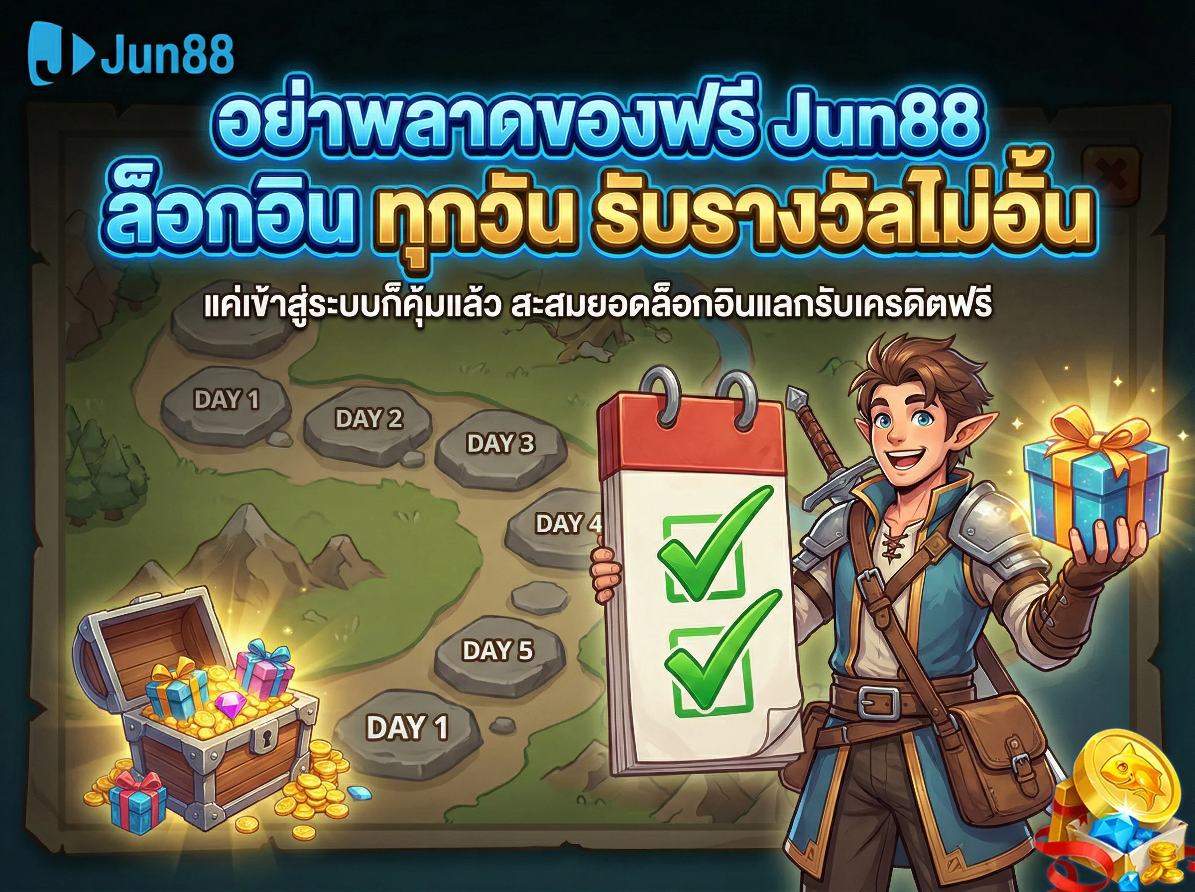 กิจกรรม jun88 ล็อกอิน ต่อเนื่องทุกวันเพื่อสะสมรับรางวัลและเครดิตฟรี