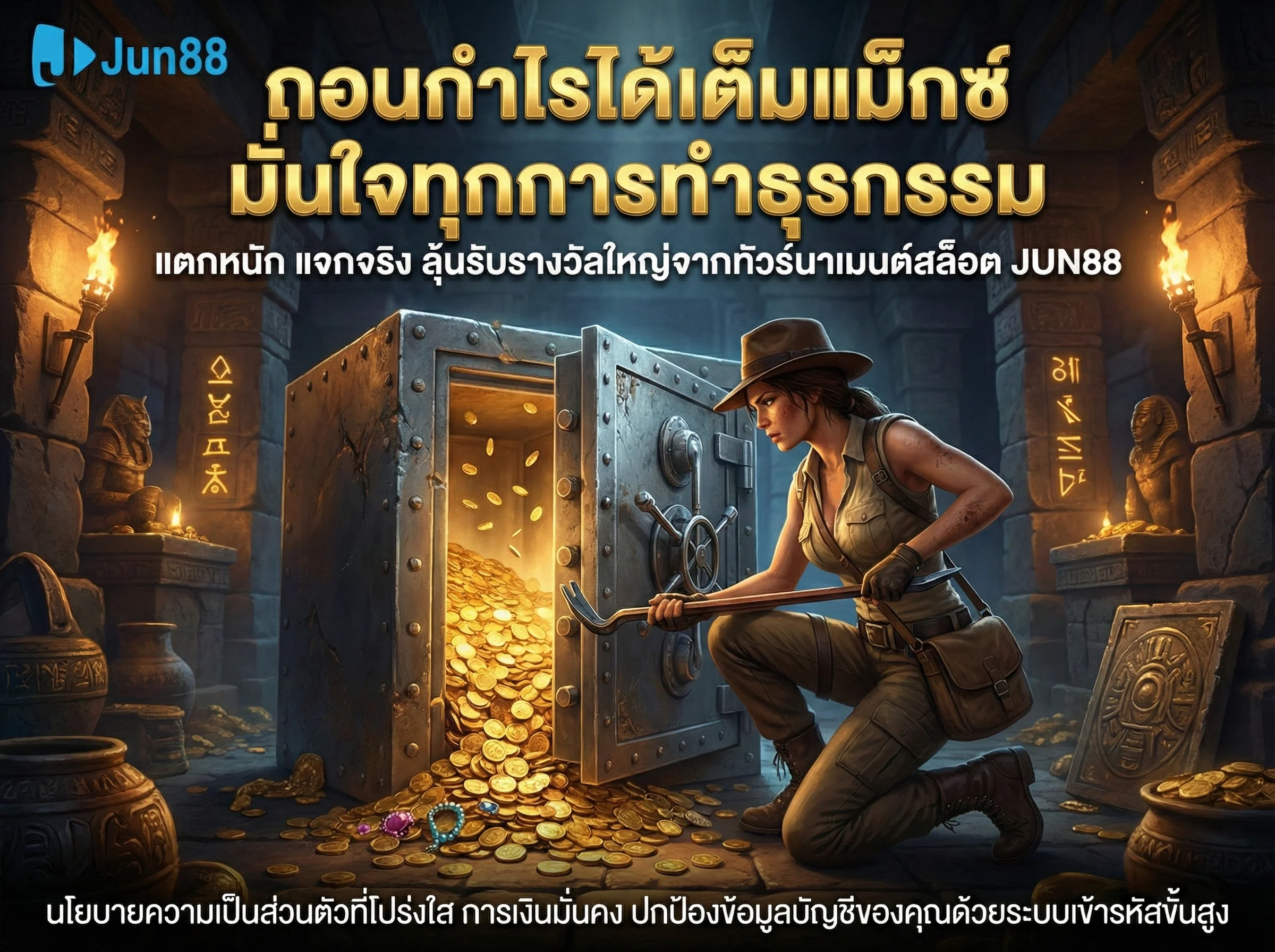 ทางเข้าสำรอง JUN88 ภาพนักล่าสมบัติเปิดตู้เซฟเหรียญทอง ชวนลุ้นแจ็คพอตทัวร์นาเมนต์สล็อต พร้อมยืนยันความปลอดภัยทางการเงินและนโยบายความเป็นส่วนตัวด้วยระบบเข้ารหัส