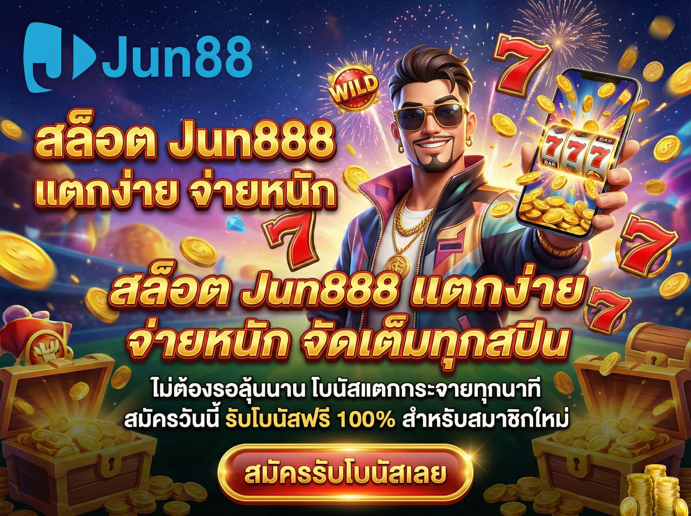 โปรโมชั่นสล็อต Jun888 แตกง่าย จ่ายหนัก แจกโบนัสสมาชิกใหม่ 100%